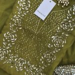 Olive green organza festive formal suit by Qurayaal